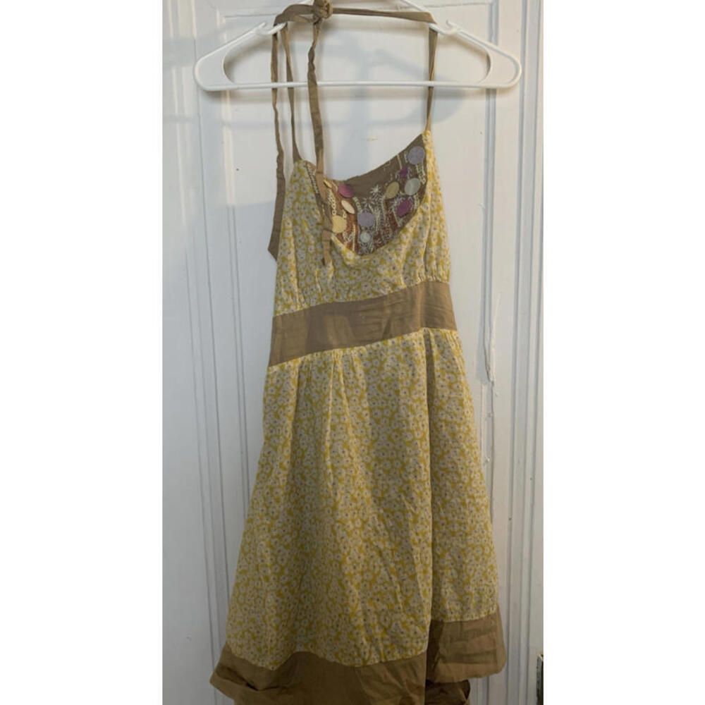Faith 21 XL Sleeveless Floral Print Halter Dress Casual Yellow Brown Chic Dress‍